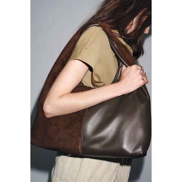 ZARA CONTRAST LEATHER SHOULDER BAG - Picture 1 of 7